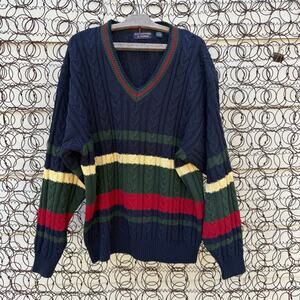 Vintage 90s Roundtree and York Dark Primary Color Stripe Fisherman Sweater XL